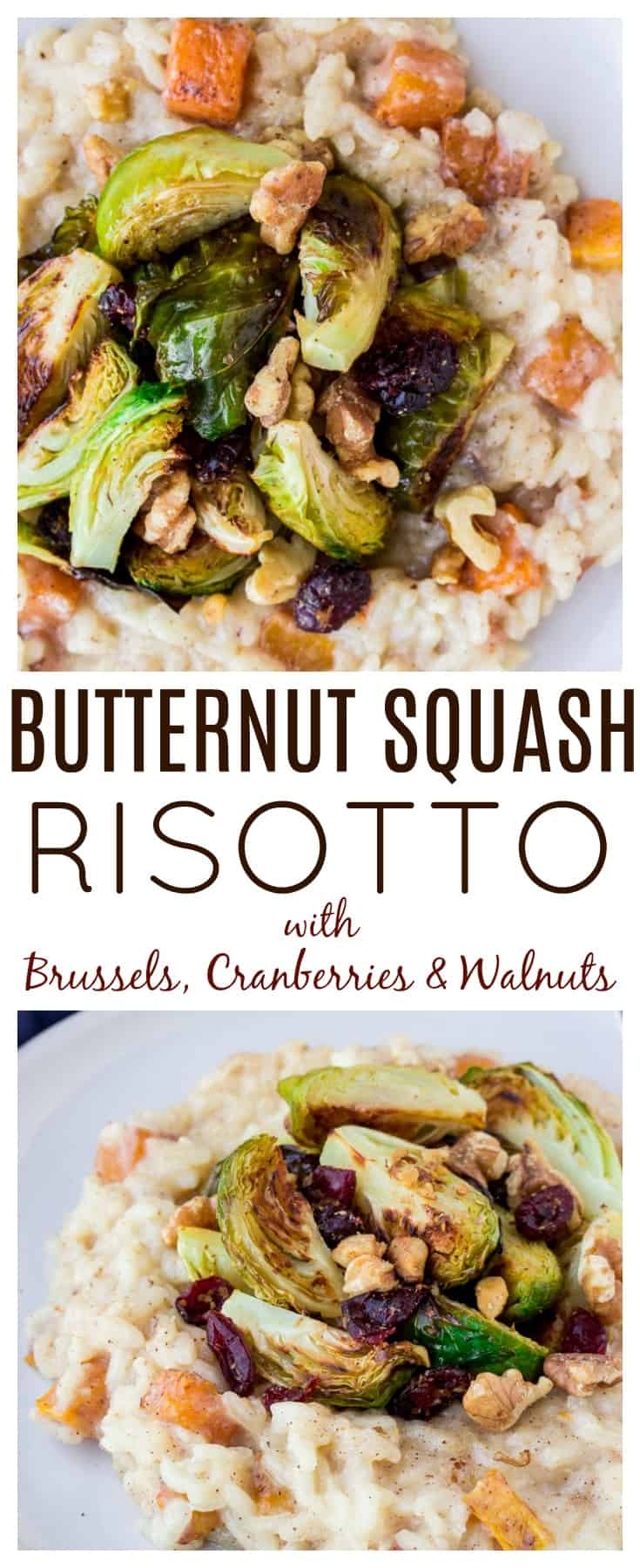 Roasted Butternut Squash Risotto is the perfect blend of creaminess and warm spiciness. Topped with Brussels sprouts, cranberries, and walnuts, it's the perfect risotto recipe for Fall! This can be served as a vegetarian main dish, or as a side dish! | #dlbrecipes #fallrisotto #butternutsquash #butternutsquashrisotto #fallrecipes