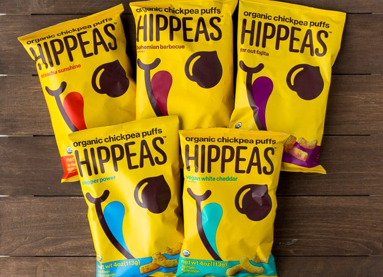 5 Bags of Hippeas on a Wood Back Drop