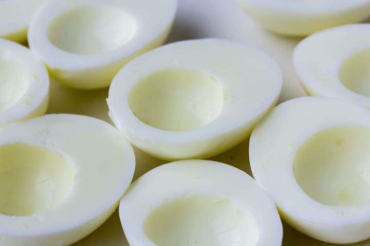 Hard Boiled Eggs Cut in Half with Yolk Removed close up