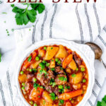 Instant pot beef stew in a white bowl with text overlay.