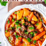 Instant pot beef stew in a white bowl with text overlay.