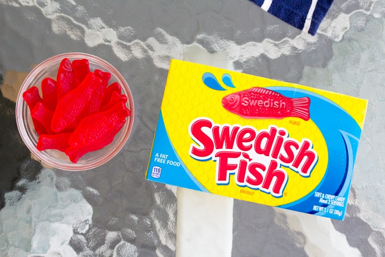 Swedish Fish Gummies in a Bowl with the Box Next to Them