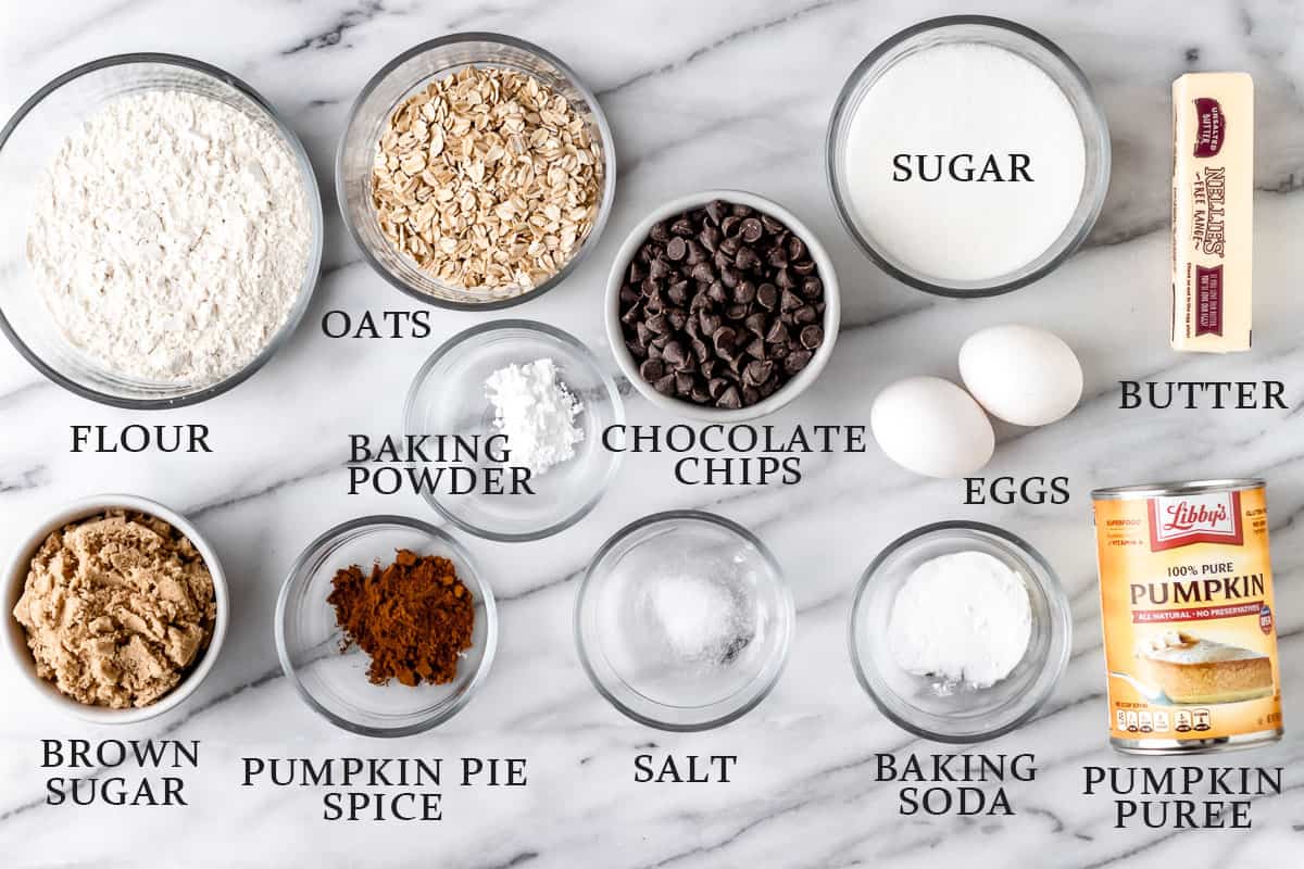 Ingredients needed to make pumpkin chocolate chip muffins with text overlay.