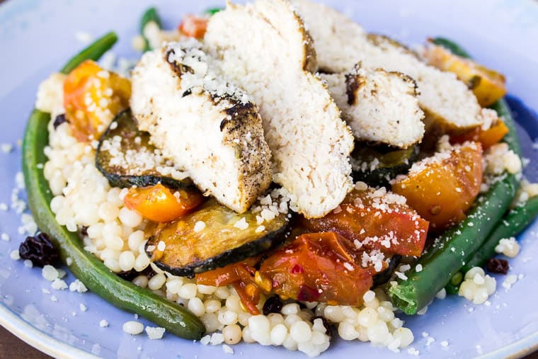 Blue Apron Tuscan Chicken & Summer Vegetables on a Blue Plate