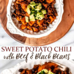 Two images of Sweet Potato Chili in a white bowl with text overlay between them.