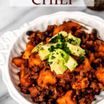 Sweet Potato Chili in a white bowl with text overlay.