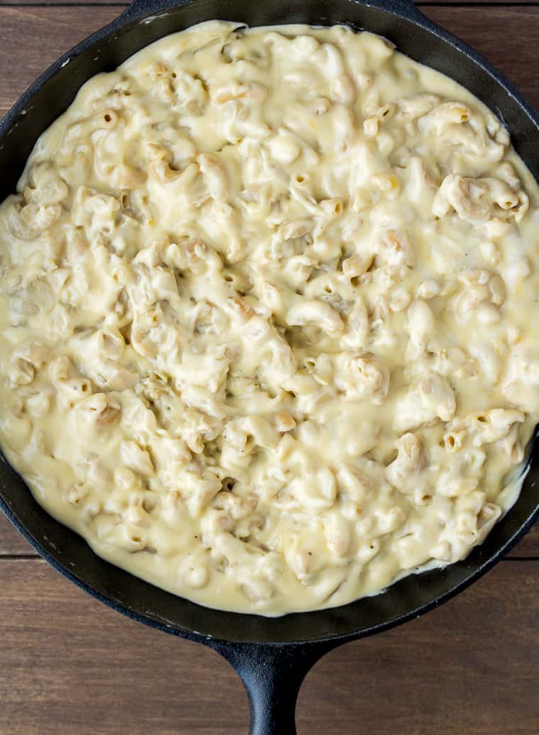 Mac and Cheese in a Cast Iron Skillet Before Baking