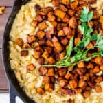 Chili -Roasted Sweet Potato Mac and Cheese in a Cast Iron Skillet