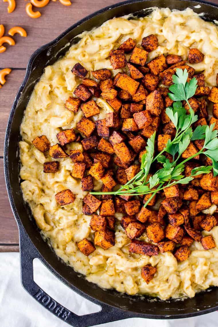 Chili -Roasted Sweet Potato Mac and Cheese in a Cast Iron Skillet
