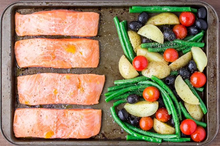Salmon Fillets and Mixed Vegetables on a Sheet Pan