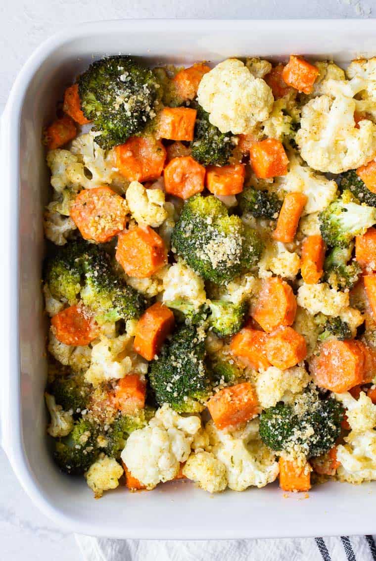 Close up of California Blend Vegetables baked in a white casserole dish