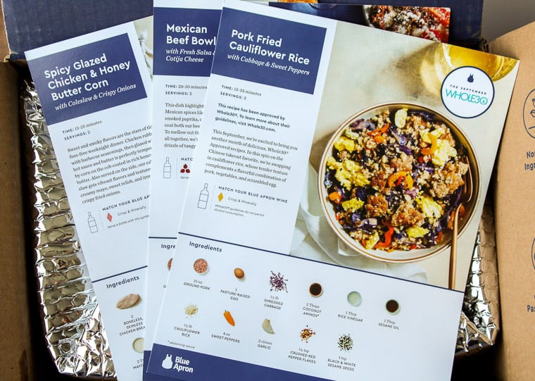 Blue Apron Recipe Cards on Top of the Box