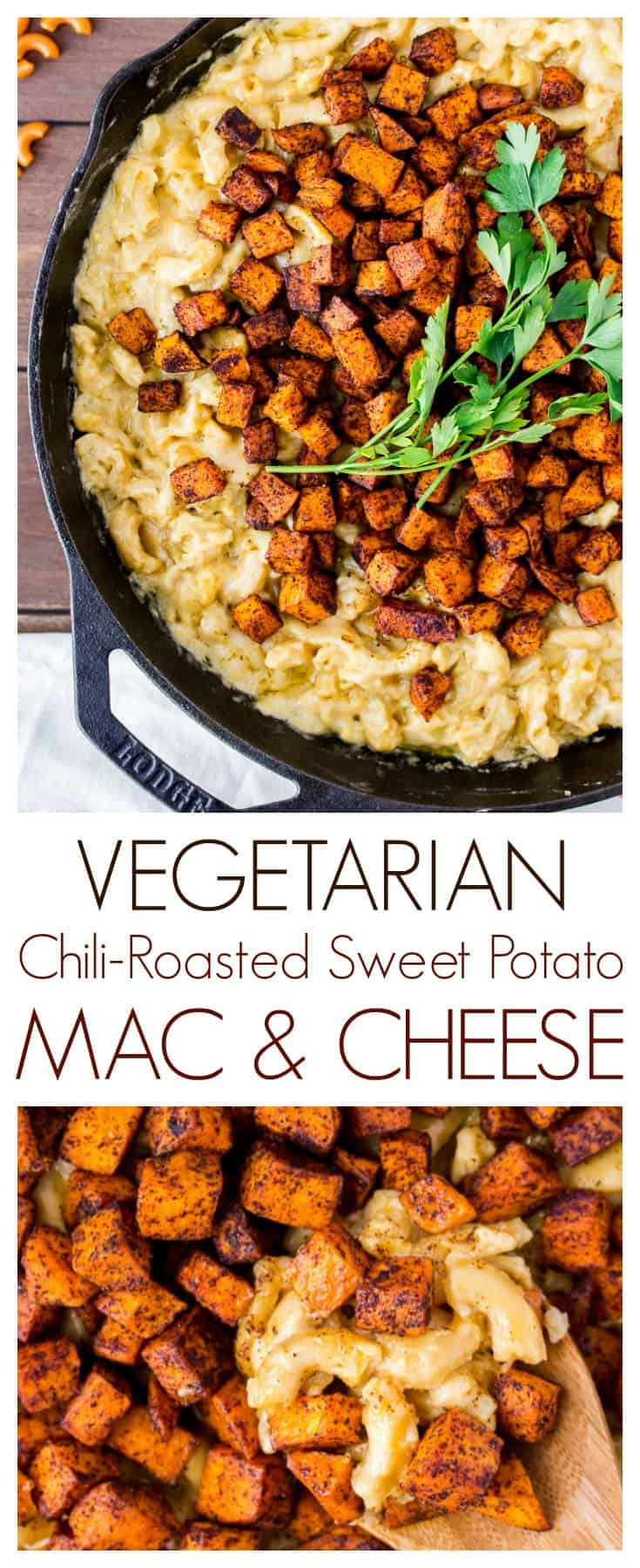 This vegetarian Chili-Roasted Sweet Potato Mac and Cheese recipe is warm and hearty. It's a unique comfort food recipe that combines cheesy, spicy, and sweet all in one delicious meal! | #ad #dlbrecipes #vegetarian #sweetpotato #macandcheese