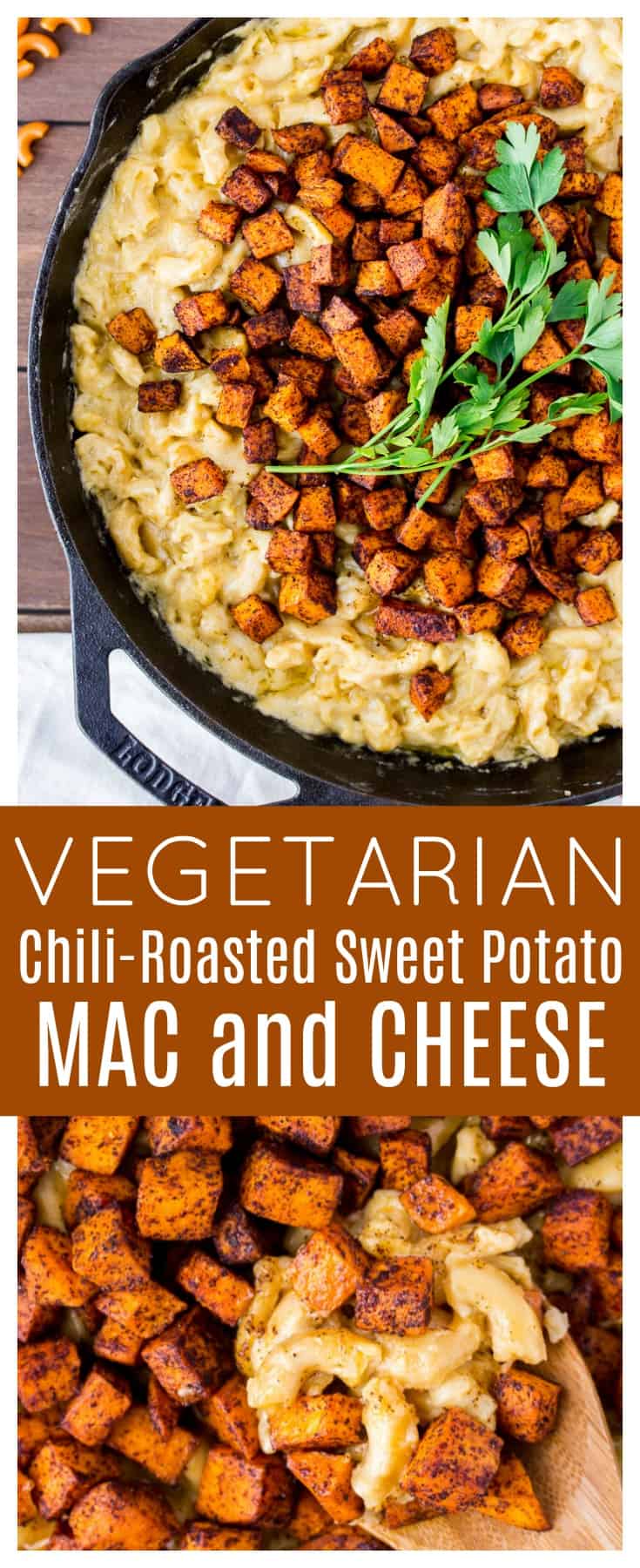 Chili-Roasted Sweet Potato Mac and Cheese - a classic cheddar macaroni and cheese recipe topped with chili-roasted sweet potatoes for a unique, delicious meal! It's sweet, spicy, and cheesy - a delicious comfort food recipe for fall! | #ad #dlbrecipes #chilimac #sweetpotatomacandcheese #macandcheese