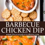 2 images of barbecue chicken dip with text overlay between them