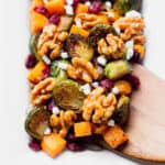 Roasted Butternut Squash medley with brussels sprouts, cranberries, walnuts, and goat cheese with a spatula lifting some up