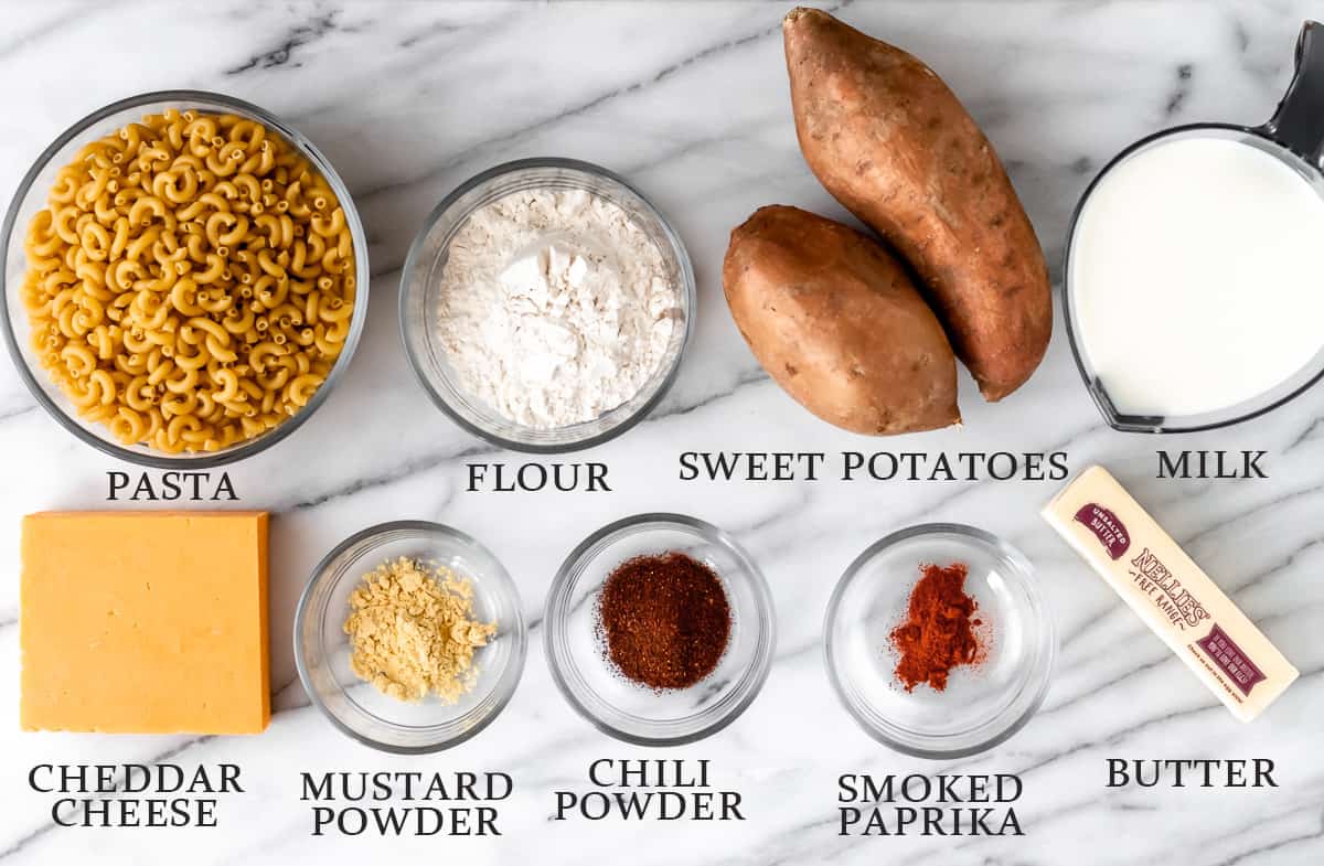 Ingredients to make sweet potato mac and cheese with text overlay.