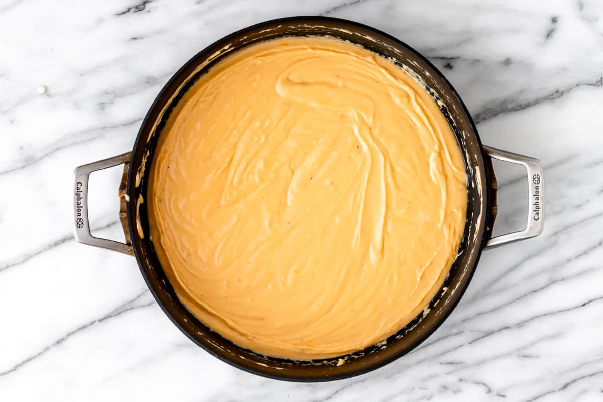 Cheese sauce for mac and cheese in a large, deep skillet.