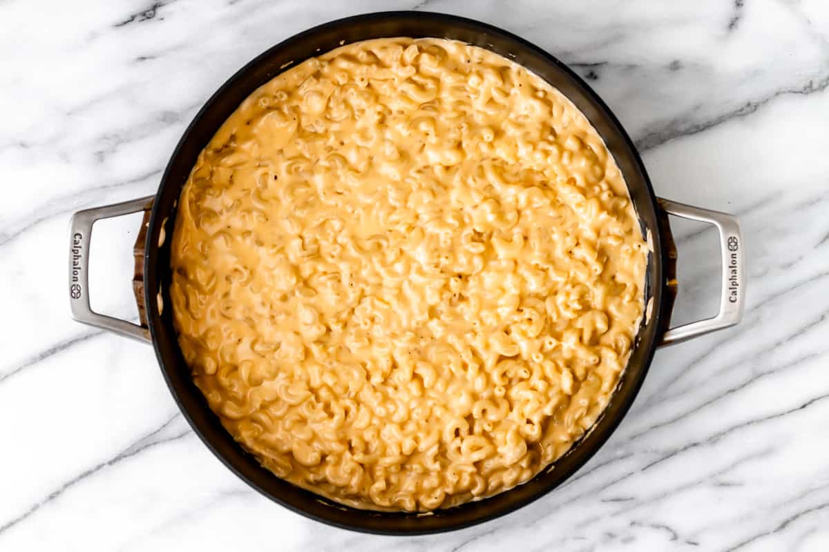 Mac and cheese in a large, deep skillet.