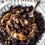 Dark chocolate peanut butter oatmeal with text overlay.