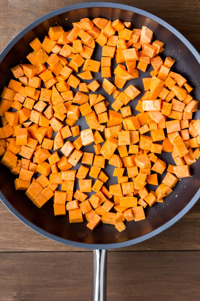 Diced Sweet Potatoes in a Skillet