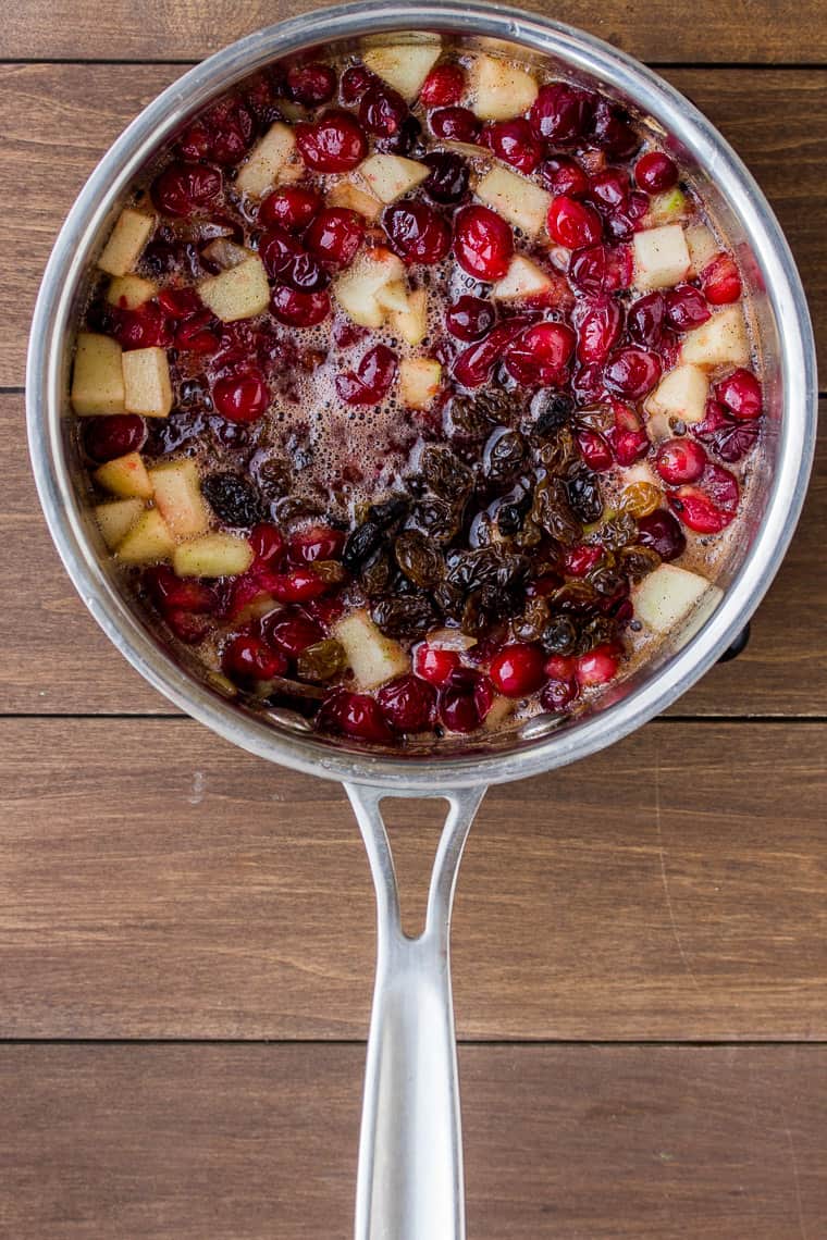 Cranberry Apple Chutney with Raisins in a Saucepan
