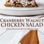 2 images of cranberry walnut chicken salad with text overlay between them
