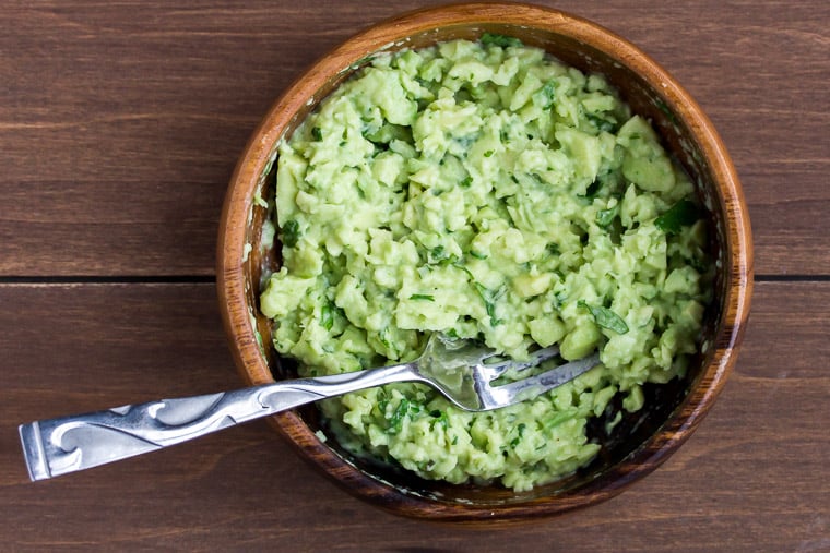 Mashed Avocado in a Small Wood Bowl