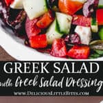 2 images of Keto greek salad with text overlay between them