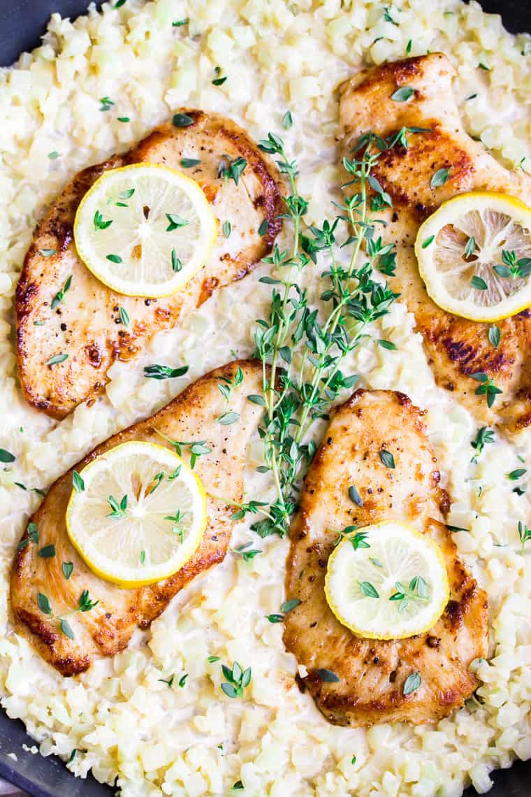 Skillet Creamy Lemon Chicken with Cauliflower in a Skillet Topped with Fresh Thyme