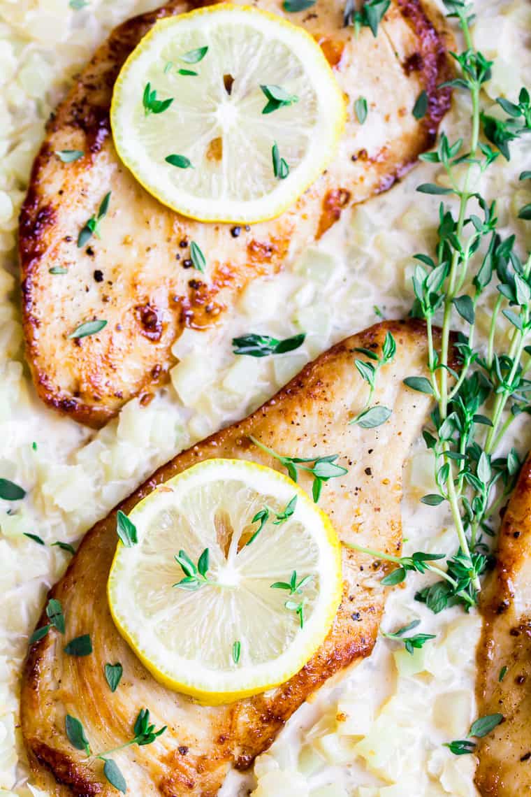 Skillet Creamy Lemon Chicken with Cauliflower and Fresh Thyme Close Up