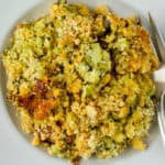 Keto Broccoli Casserole on a White Plate with a Fork