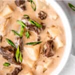 Close up of a bowl of creamy steak and potato soup with text overlay.