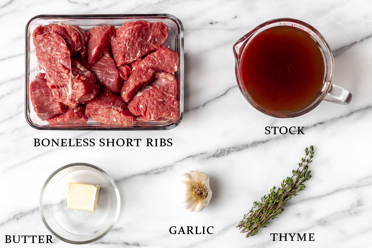 Ingredients needed to make instant pot garlic butter short ribs with text overlay.