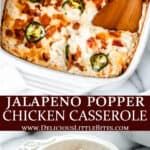 Two images of jalapeno popper chicken casserole with text overlay between them.