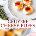 Two images of cheese puffs with raspberry sauce and text overlay between them.