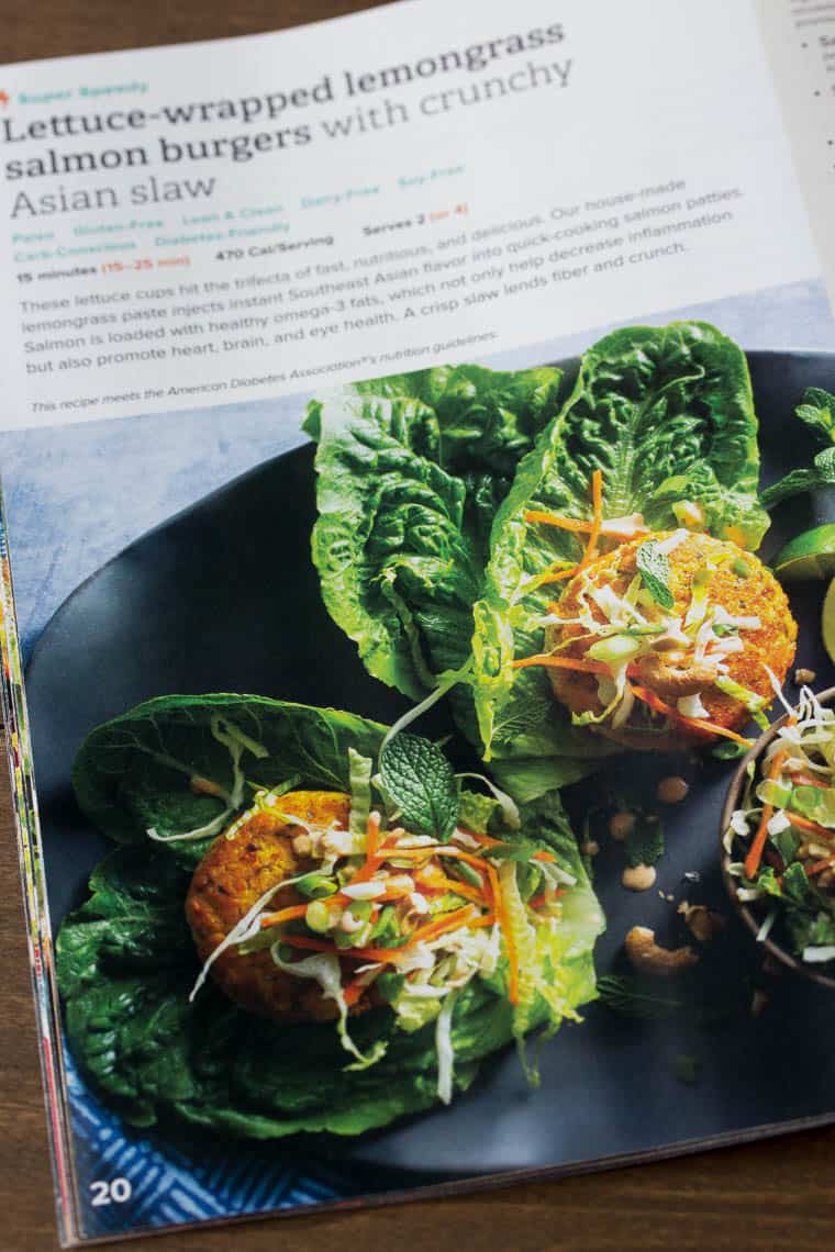 Sun Basket Recipe Book Page showing the recipe for Salmon Burgers