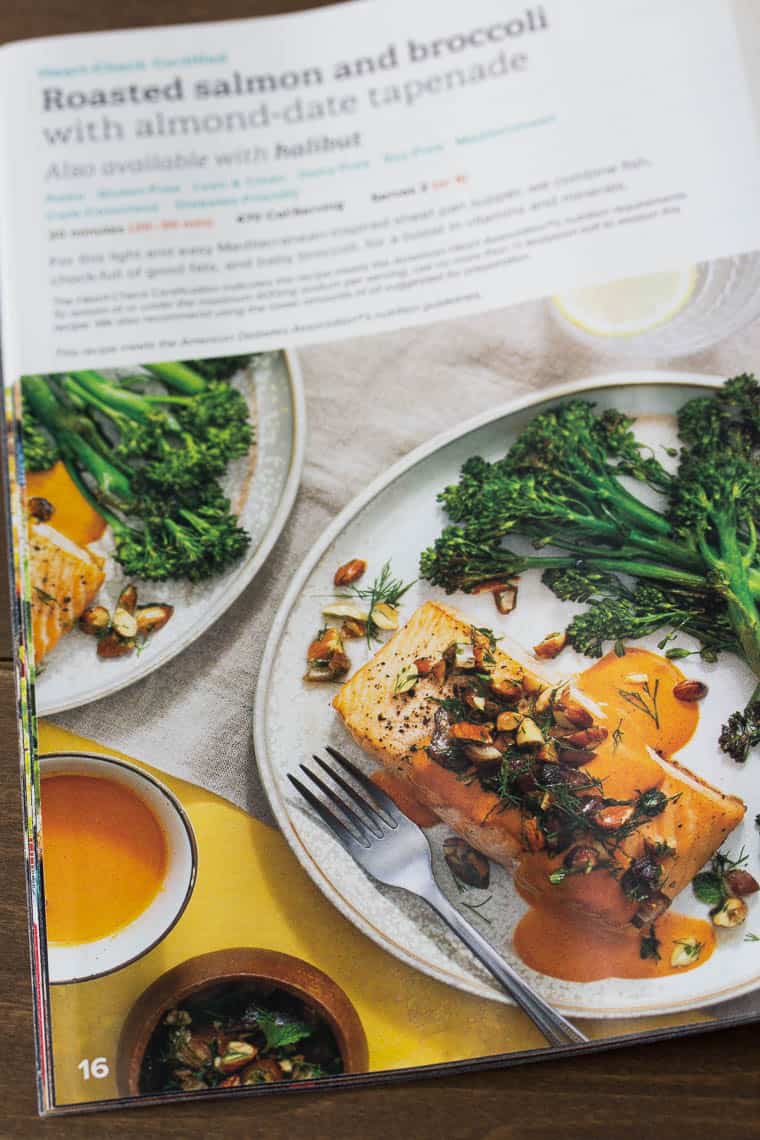 Recipe book page showing the roasted salmon recipe and image