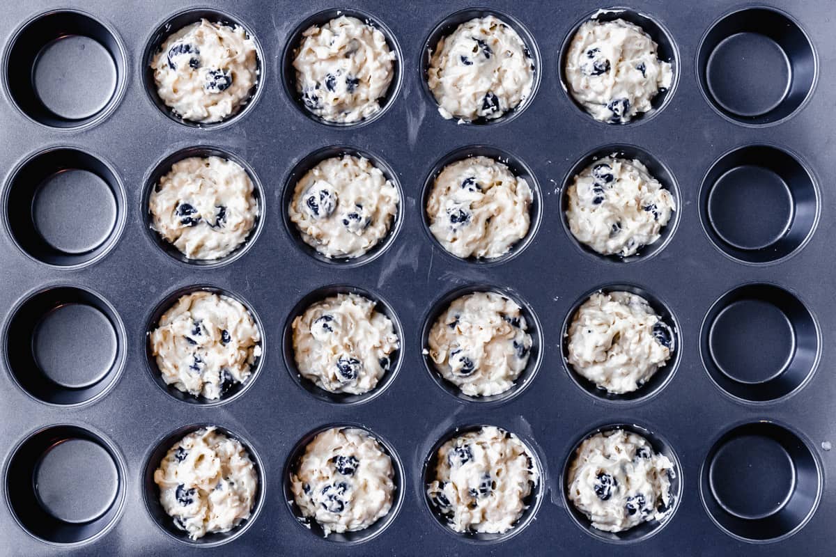 Blueberry muffin batter in a muffin pan