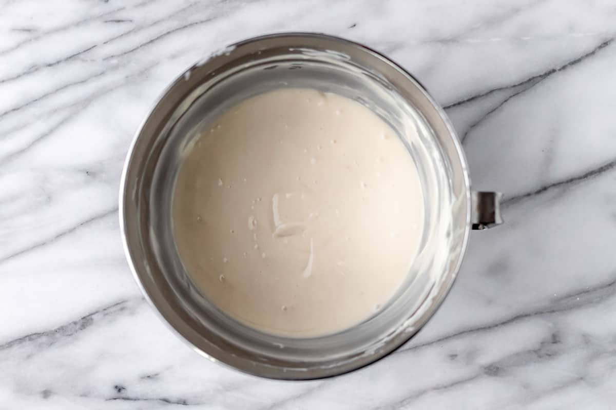 No-bake cheesecake filling in a mixing bowl.