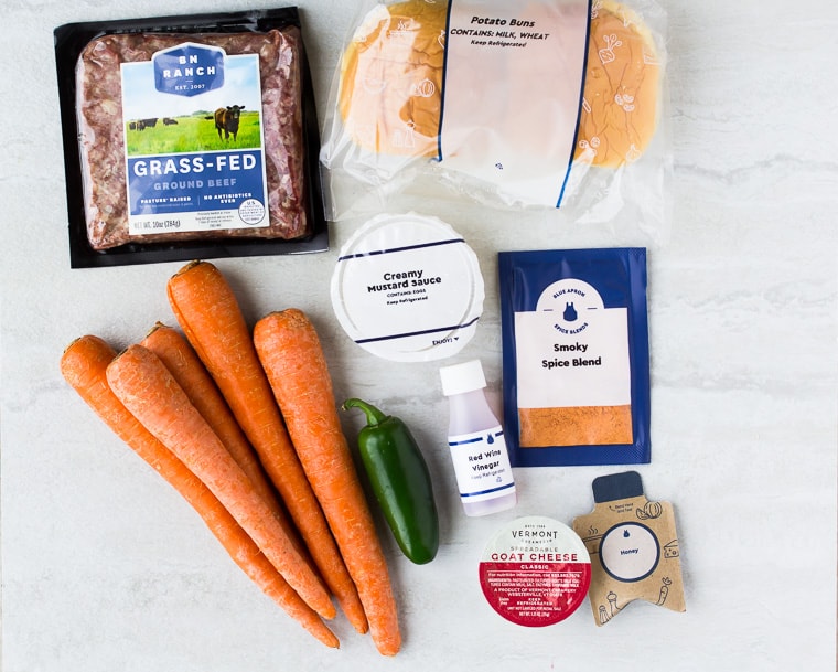 Ingredients for Blue Apron Jalapeno Burgers spread out onto a white background