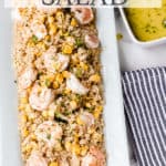 shrimp and quinoa salad with text overlay