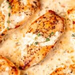 A chicken breast drizzled with creamy dijon mustard sauce and garnished with fresh thyme.