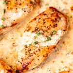 Close up of a pan seared chicken breast with creamy dijon pan sauce around it with text overlay.