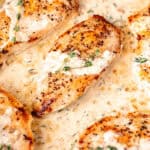 Pan seared chicken breasts with creamy dijon pan sauce around them with text overlay.