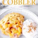 peach cobbler with text overlay