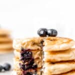 A stack of blueberry pancakes with text overlay.