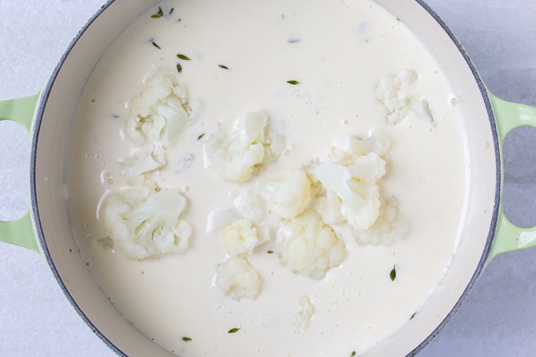 Cauliflower added to the cream sauce in a Dutch oven over a white background