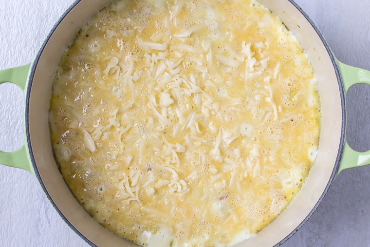 Unbaked frittata in a Dutch oven