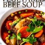 Vegetable beef soup in a bowl with text overlay.
